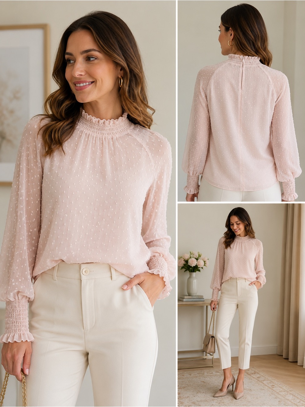 Ann Taylor Blush Pink Swiss Dot Smocked Mock Neck Blouse Size Small